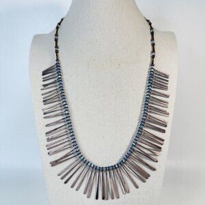 Cleopatra Fringe Necklace Silver Tone Blue Beads Long Length Statement